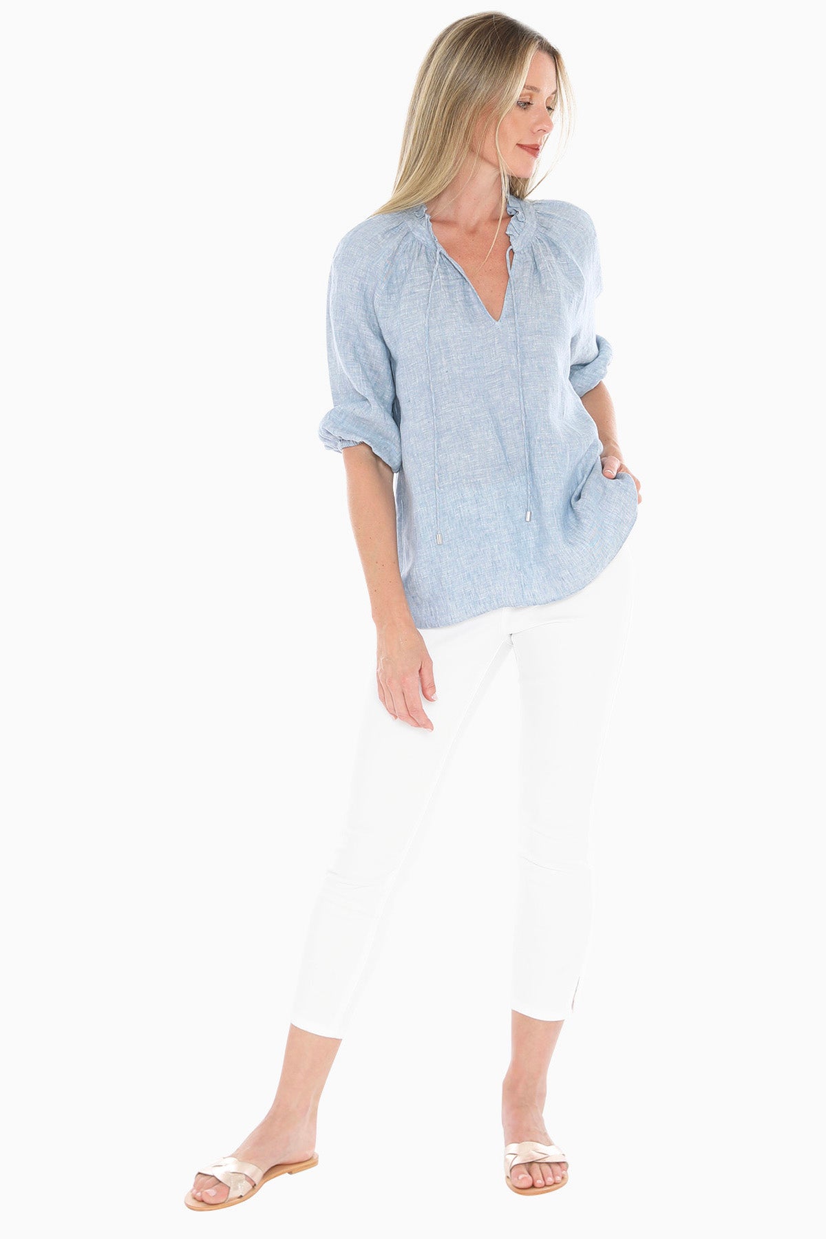 Womens Ruffle Neck Top Blue 596j3085a