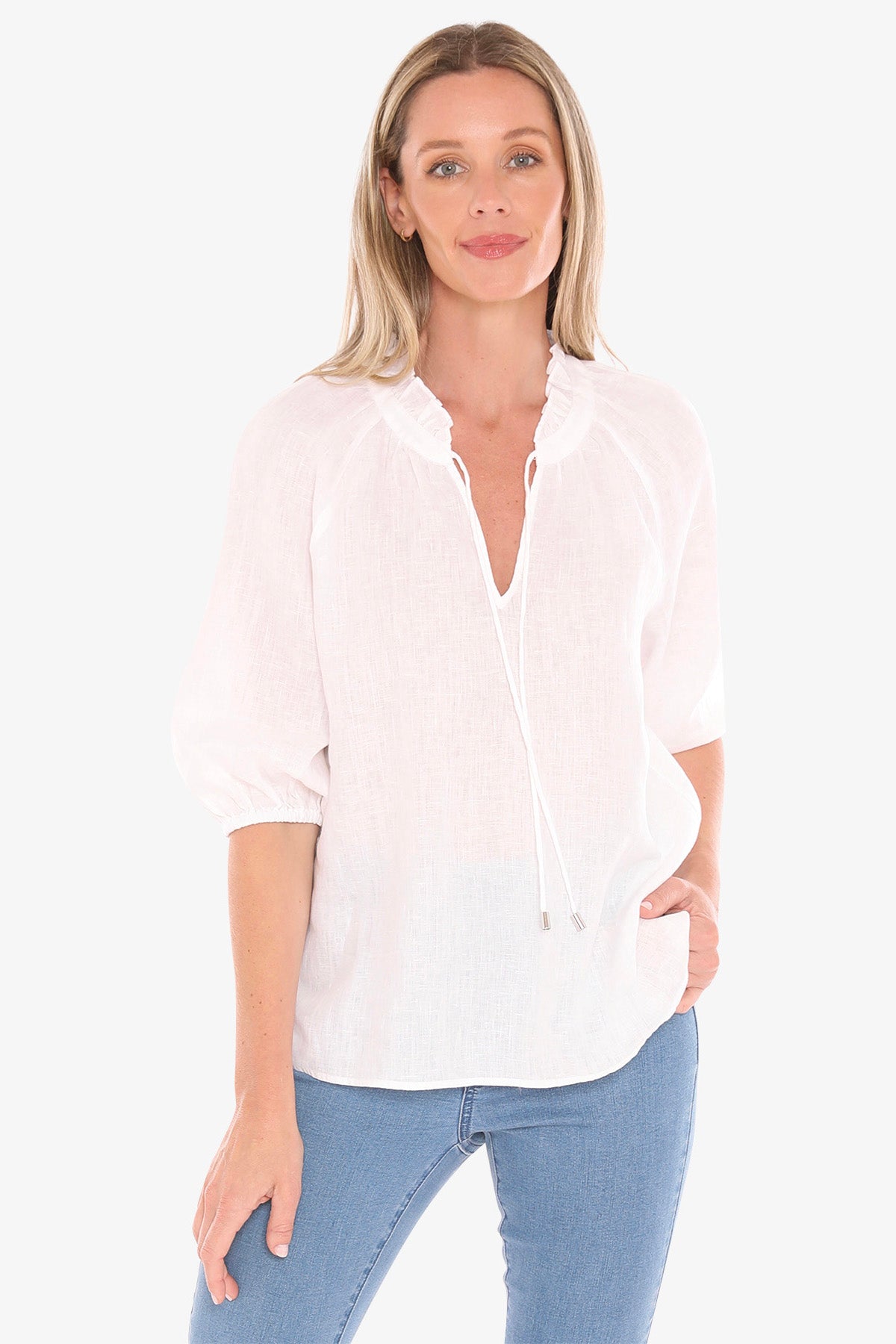Womens ruffle neck top white 596j3085a