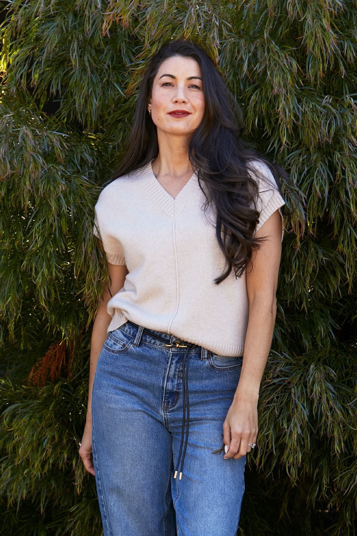 Womens Seam V Neck Vest Beige 60611085a