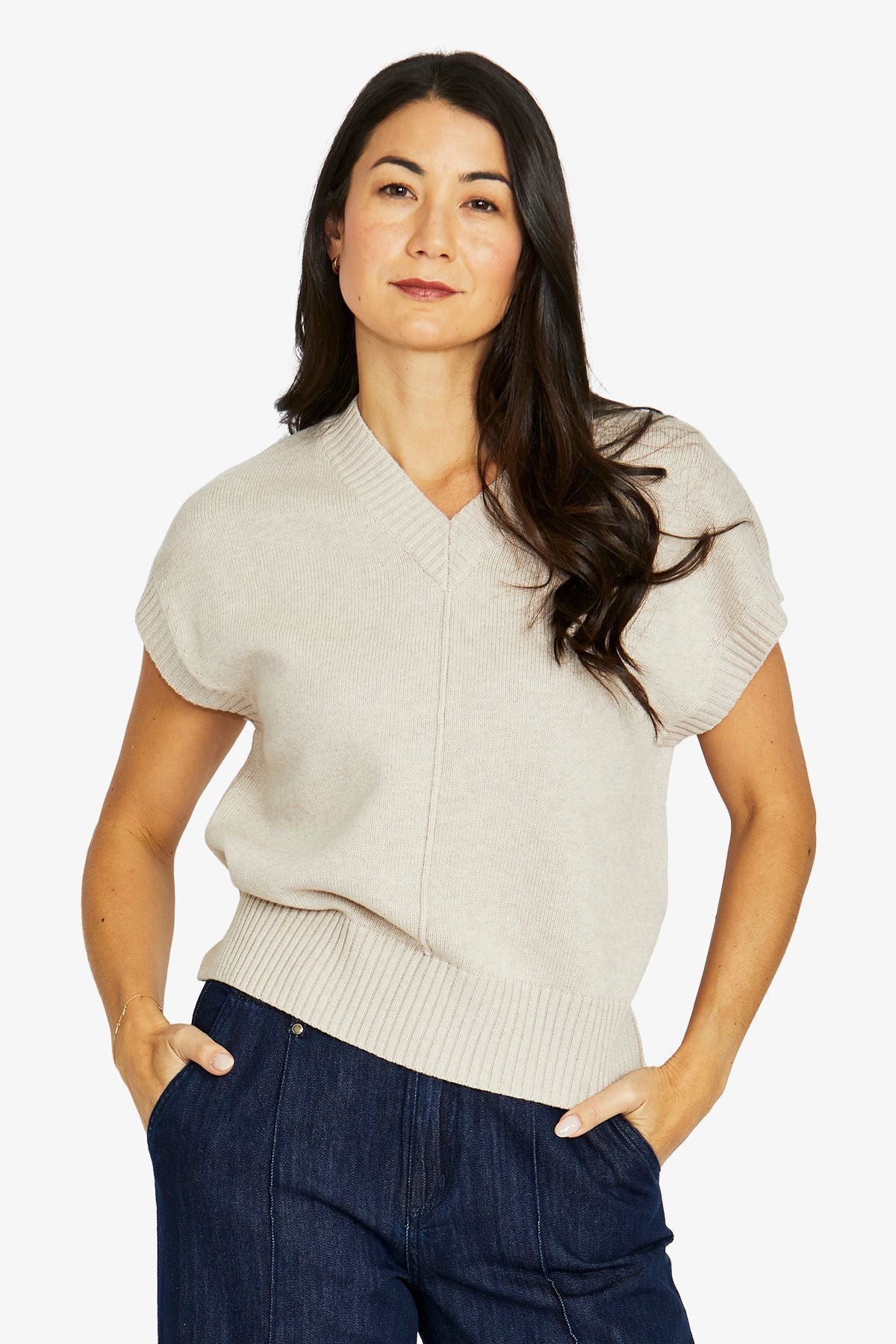 Womens Seam V Neck Vest Beige 60611085a