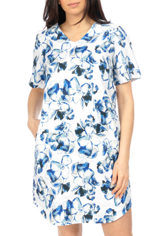 Short Sleeve Blue Watercolour Floral Shift Dress