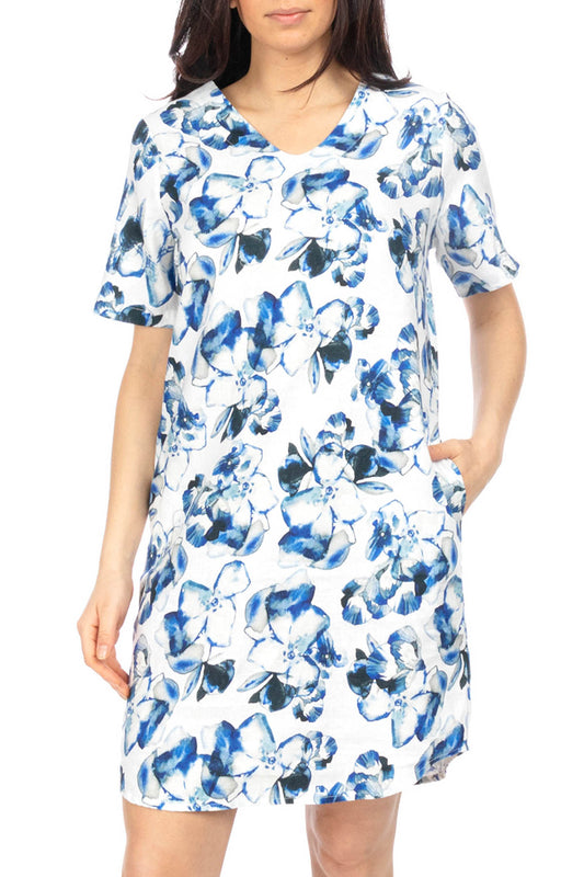 Short Sleeve Blue Watercolour Floral Shift Dress