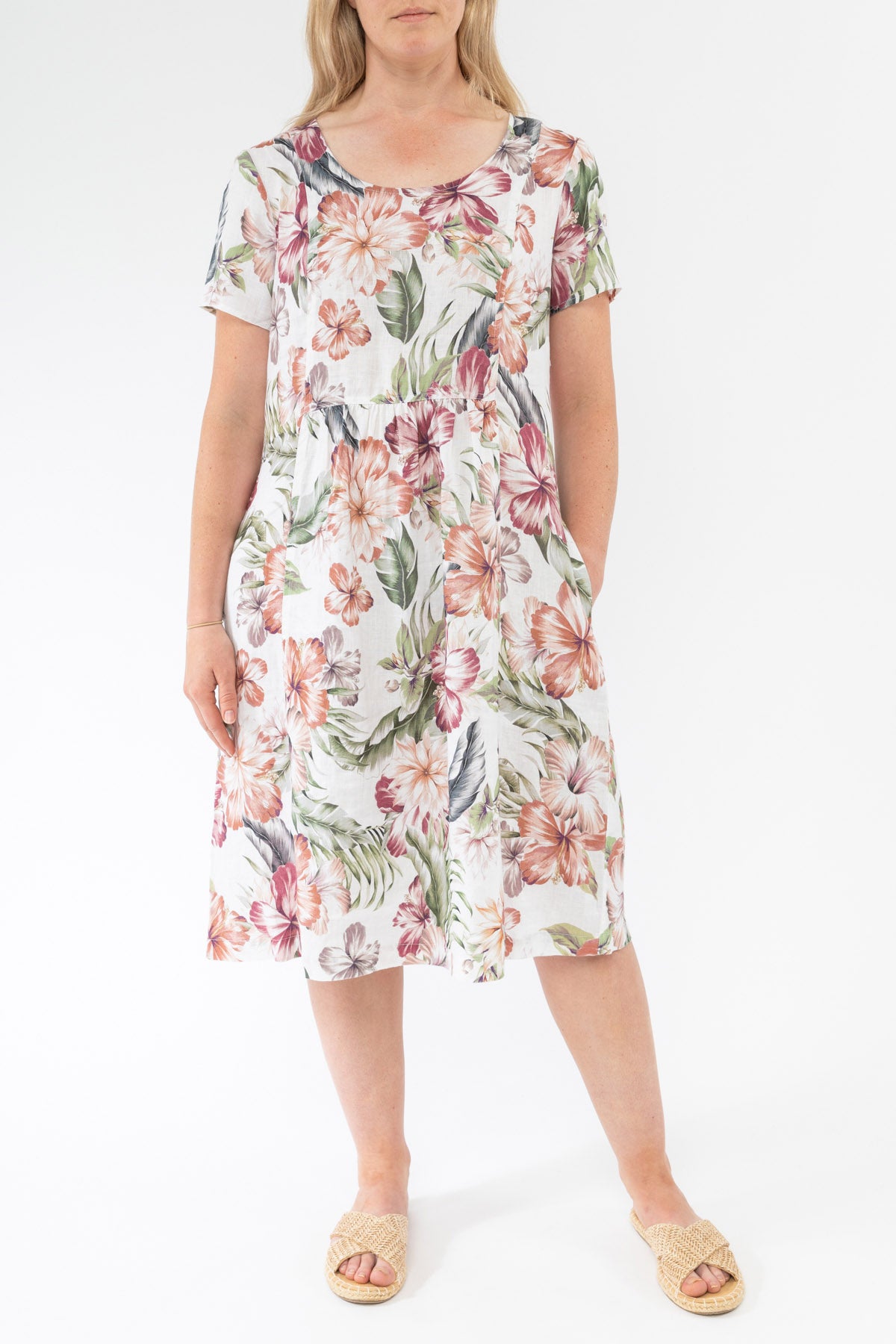 Short Sleeve Tropical Splice Gathered Front Dress