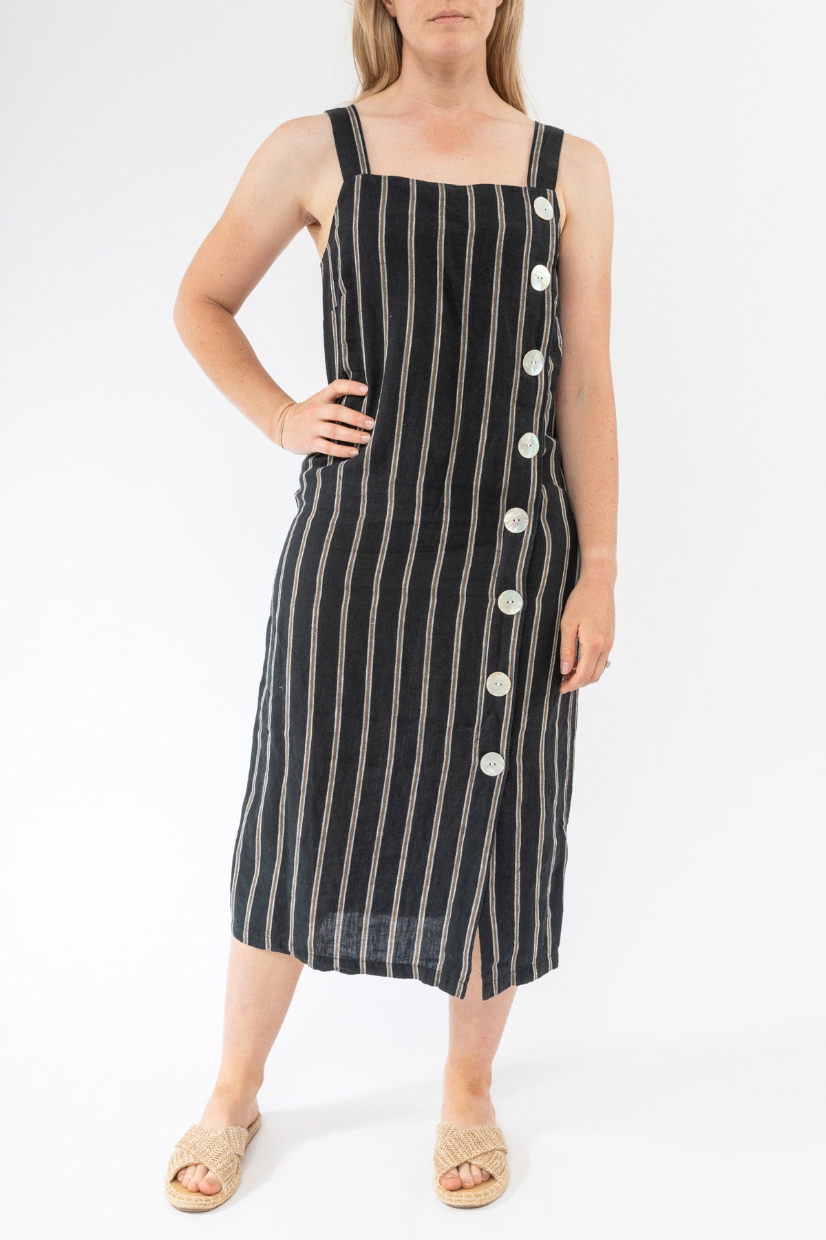 Sleeveless Side Button Stripe Linen Dress