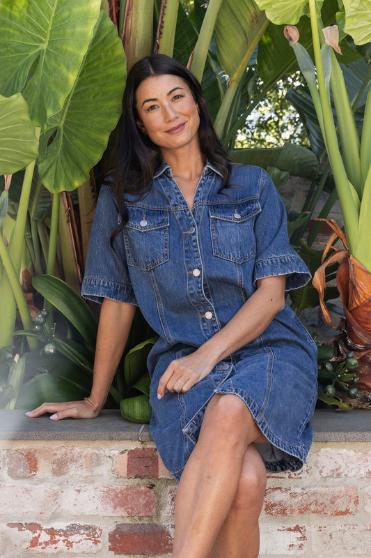 Soft Denim Short Sleeve Dress in Mid Blue