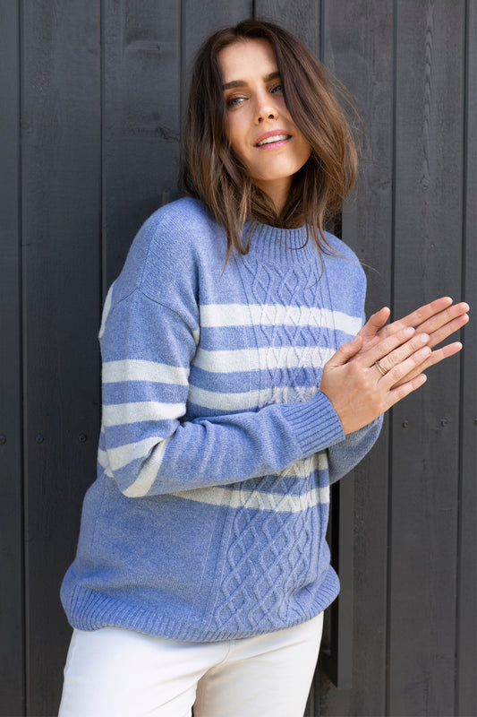 Stripe Cable Pullover in Seaside/Mist