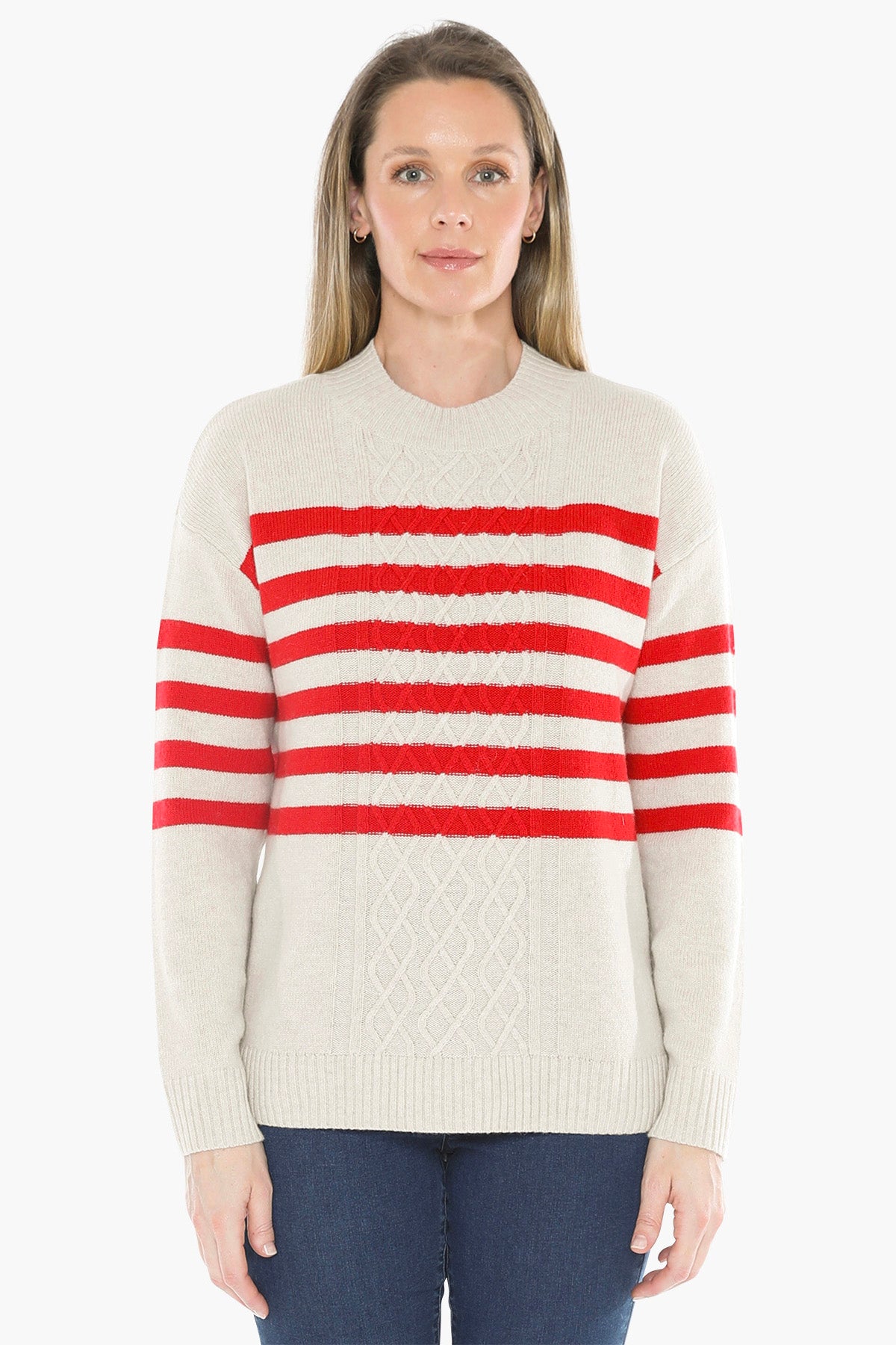 Stripe Cable Pullover in Oat/Cherry
