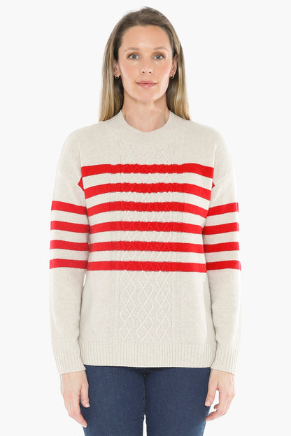Stripe Cable Pullover in Oat/Cherry