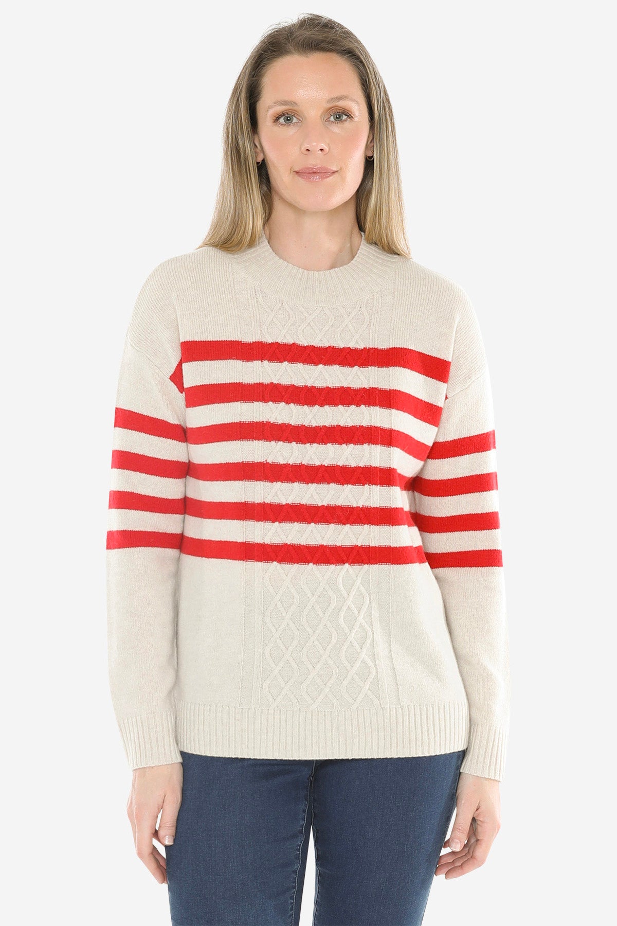 Stripe Cable Pullover in Oat/Cherry