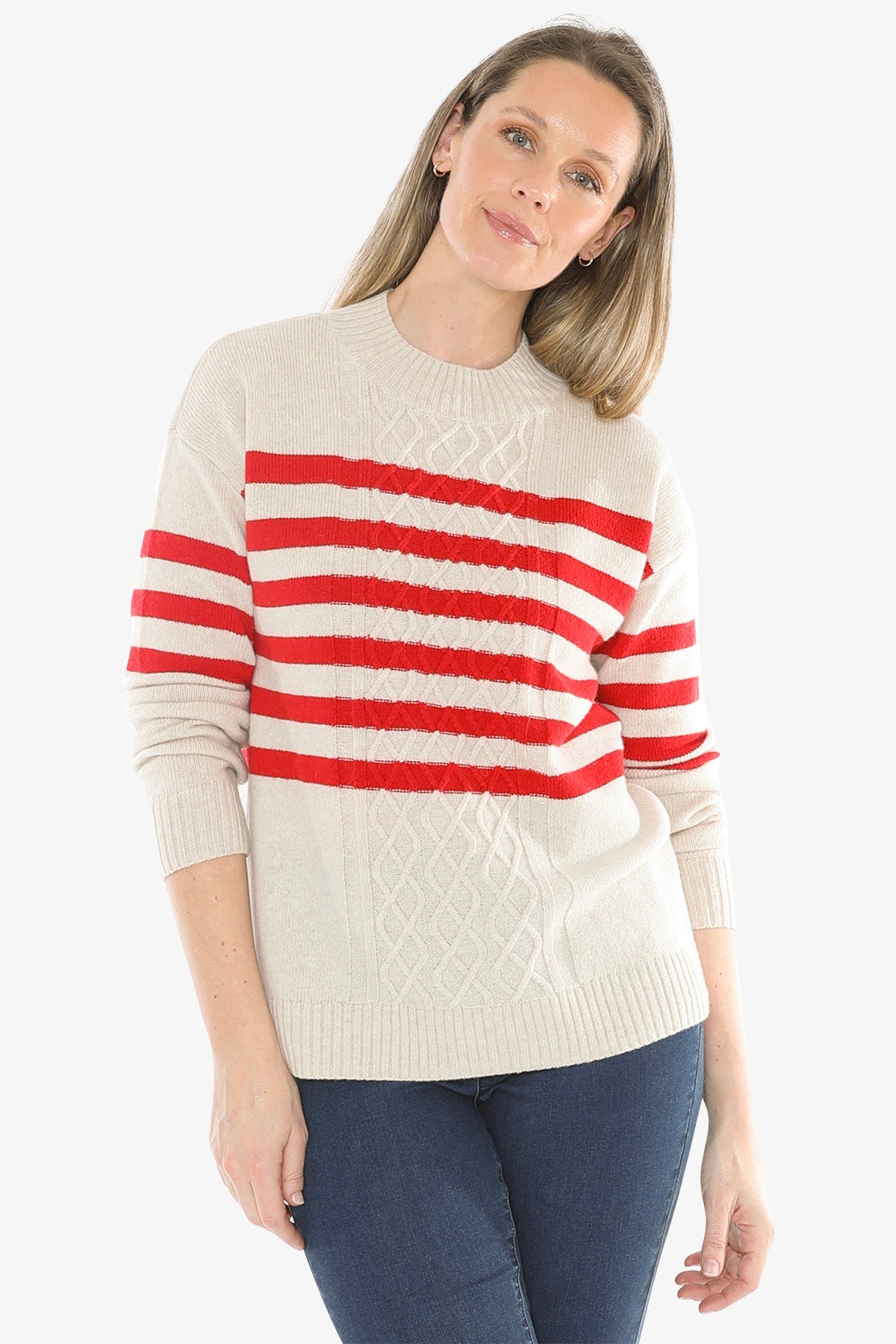 Stripe Cable Pullover in Oat/Cherry