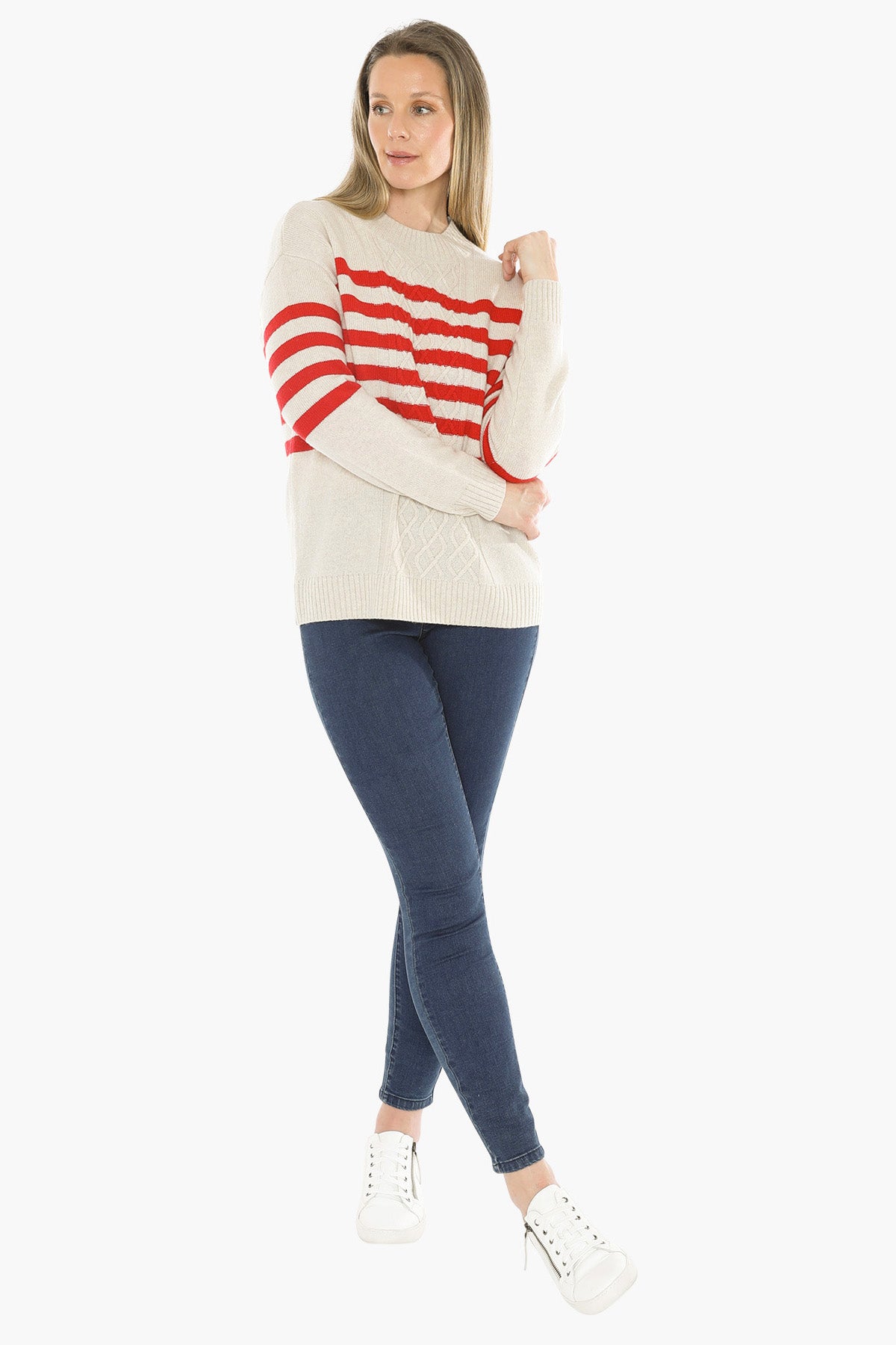 Stripe Cable Pullover in Oat/Cherry