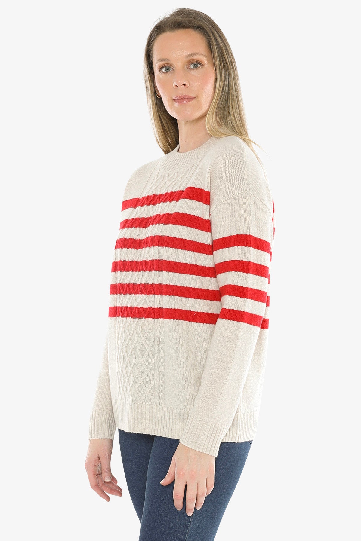 Stripe Cable Pullover in Oat/Cherry