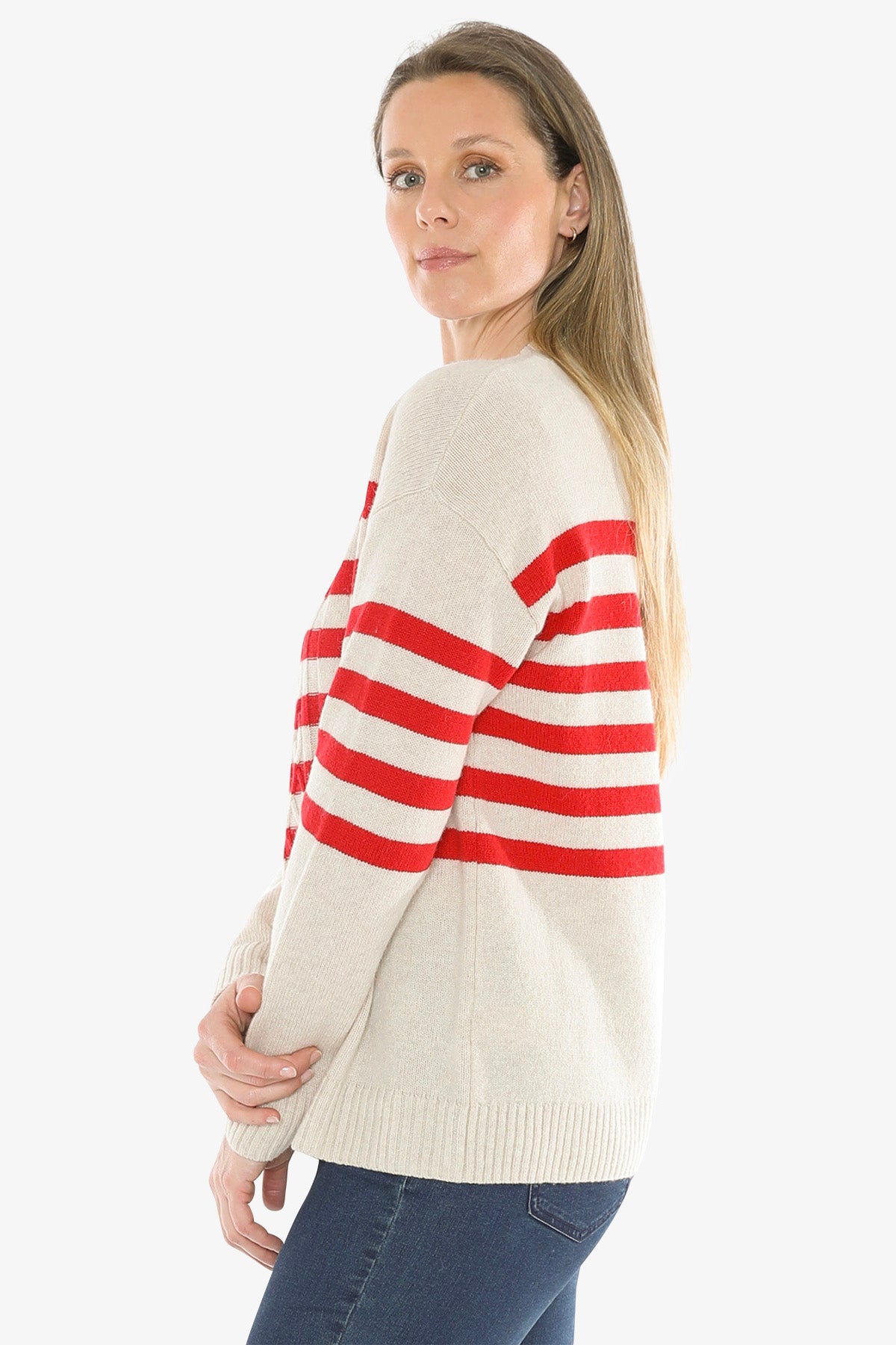 Stripe Cable Pullover in Oat/Cherry