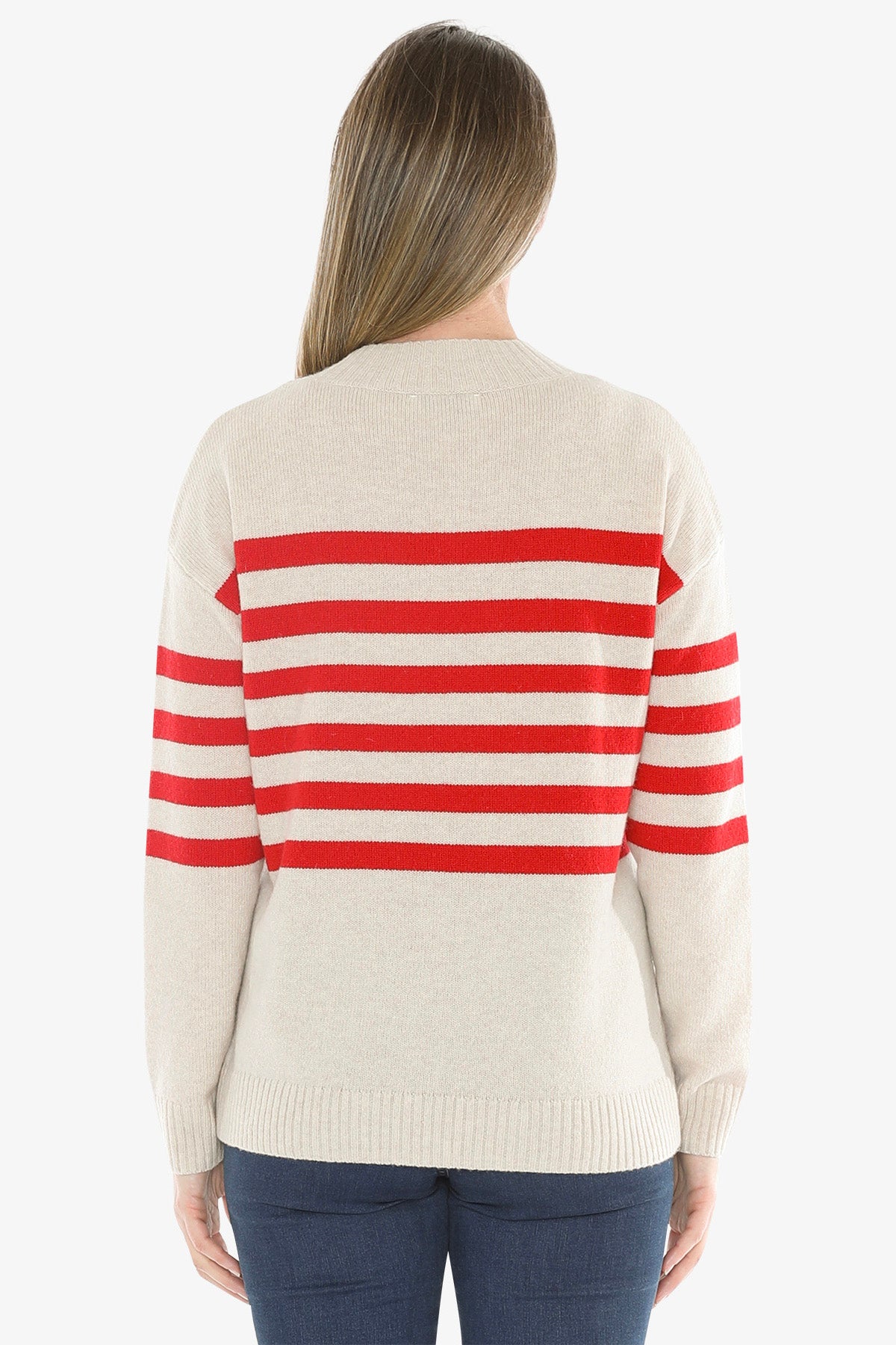 Stripe Cable Pullover in Oat/Cherry