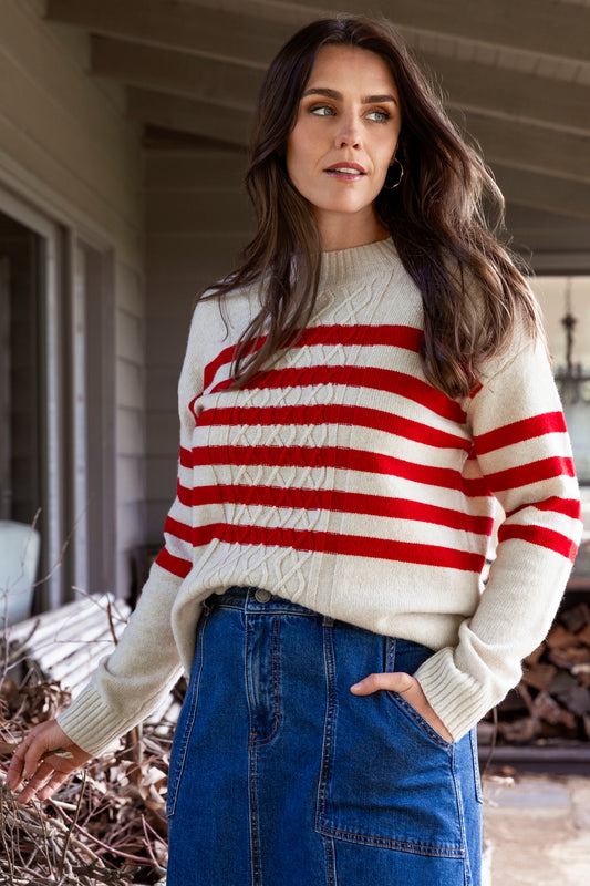 Stripe Cable Pullover in Oat/Cherry
