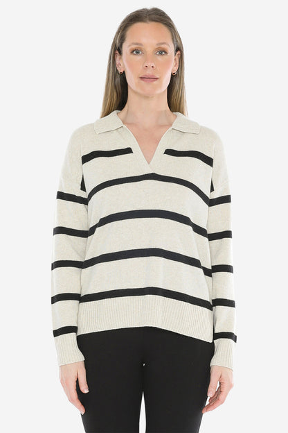 Stripe Collar Pullover in Wishbone/Black