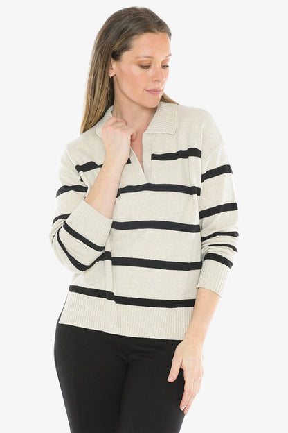 Stripe Collar Pullover in Wishbone/Black