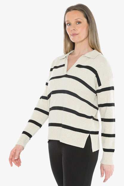 Stripe Collar Pullover in Wishbone/Black