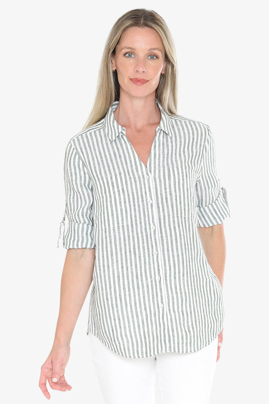 Womens Stripe Linen Shirt Green 596j3093a