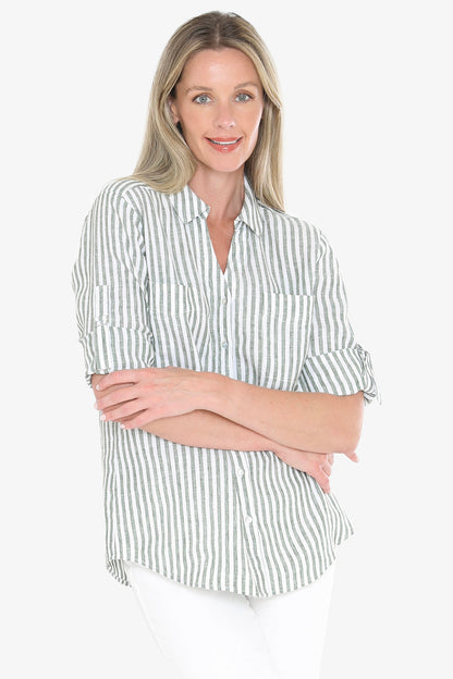 Womens Stripe Linen Shirt Green 596j3093a
