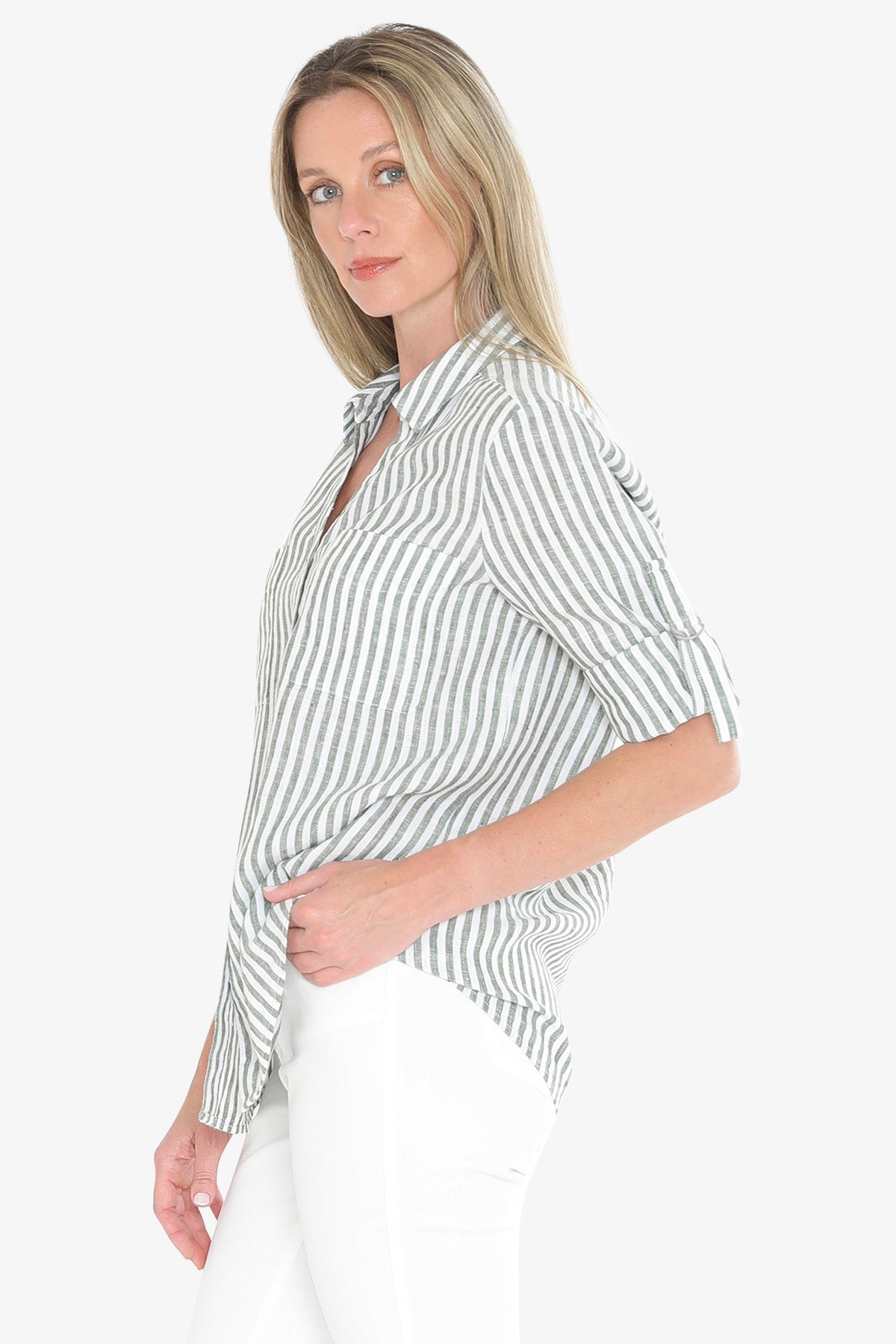 Womens Stripe Linen Shirt Green 596j3093a