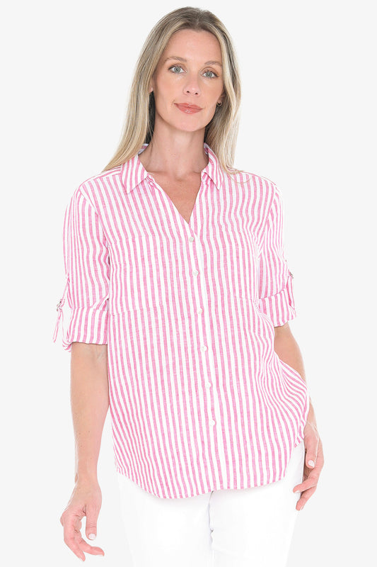 Womens Stripe Linen Shirt Pink 596j3093a