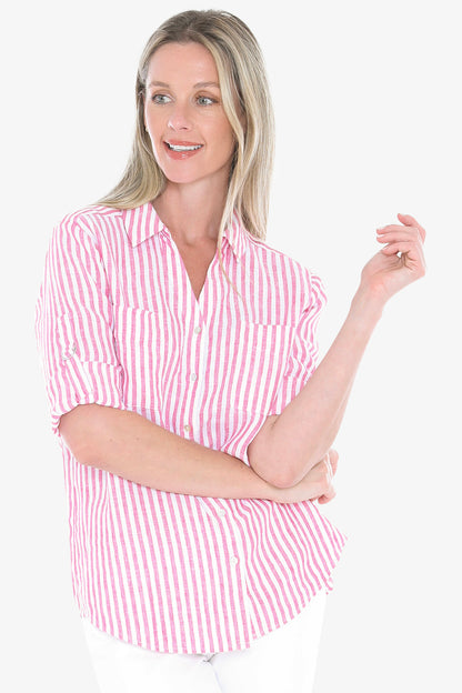 Womens Stripe Linen Shirt Pink 596j3093a