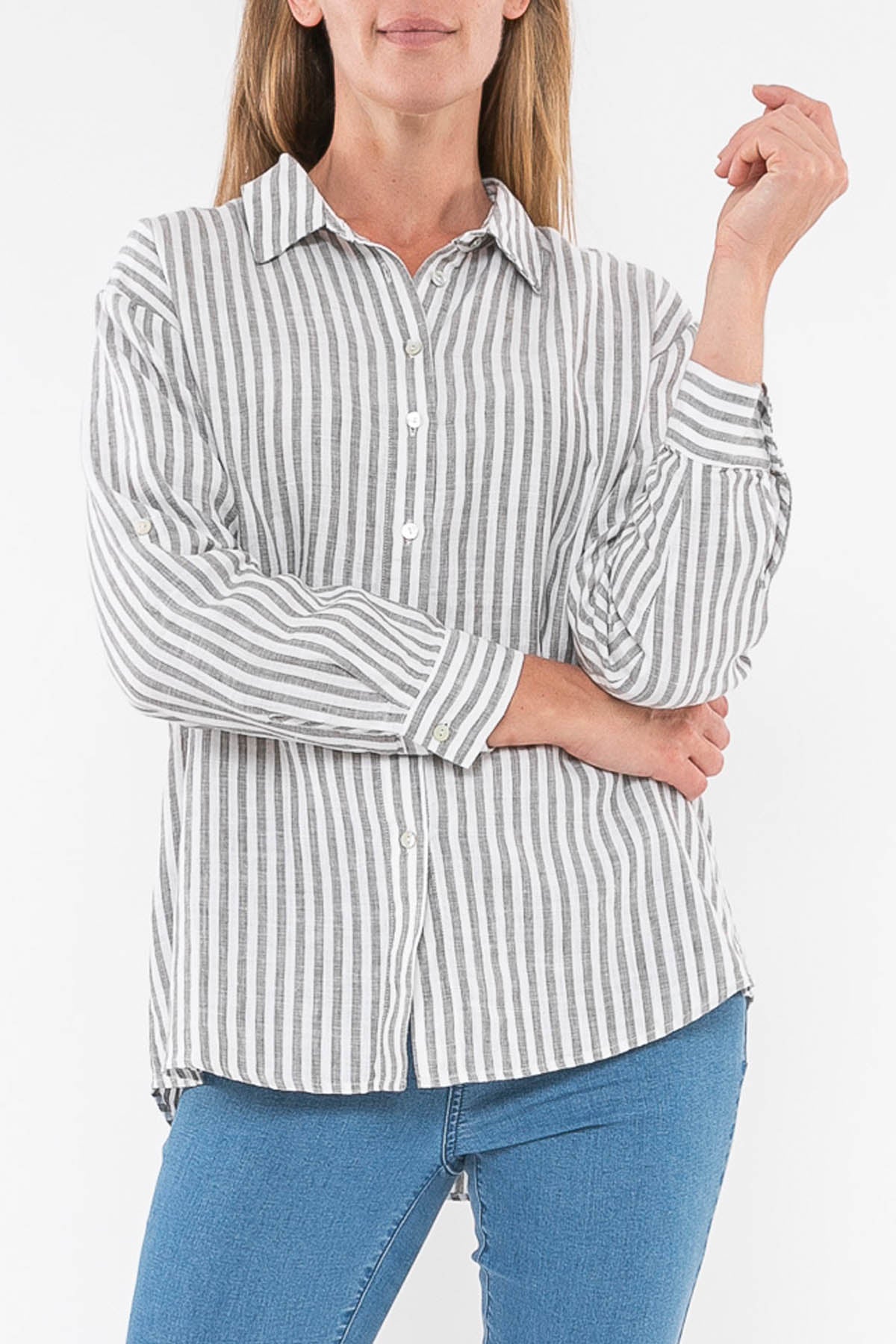 Stripe Linen Shirt Thyme/White