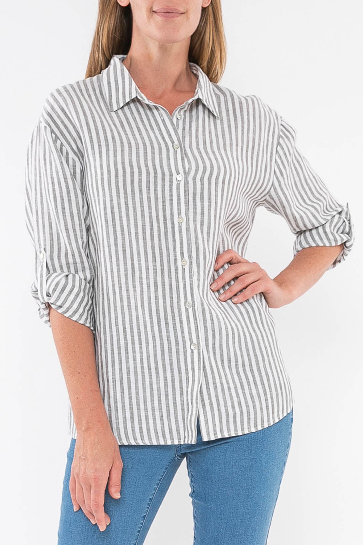 Stripe Linen Shirt Thyme/White