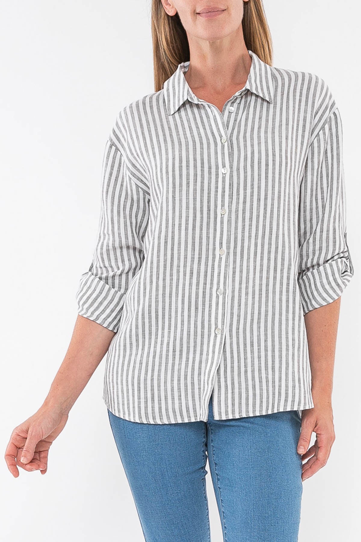 Stripe Linen Shirt Thyme/White