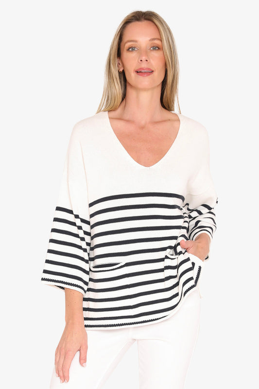Womens Stripe V Neck Pullover Navy 59611009a