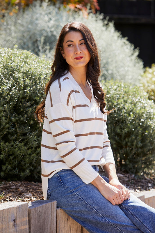 Womens Stripe V Neck Pullover White 60611052a