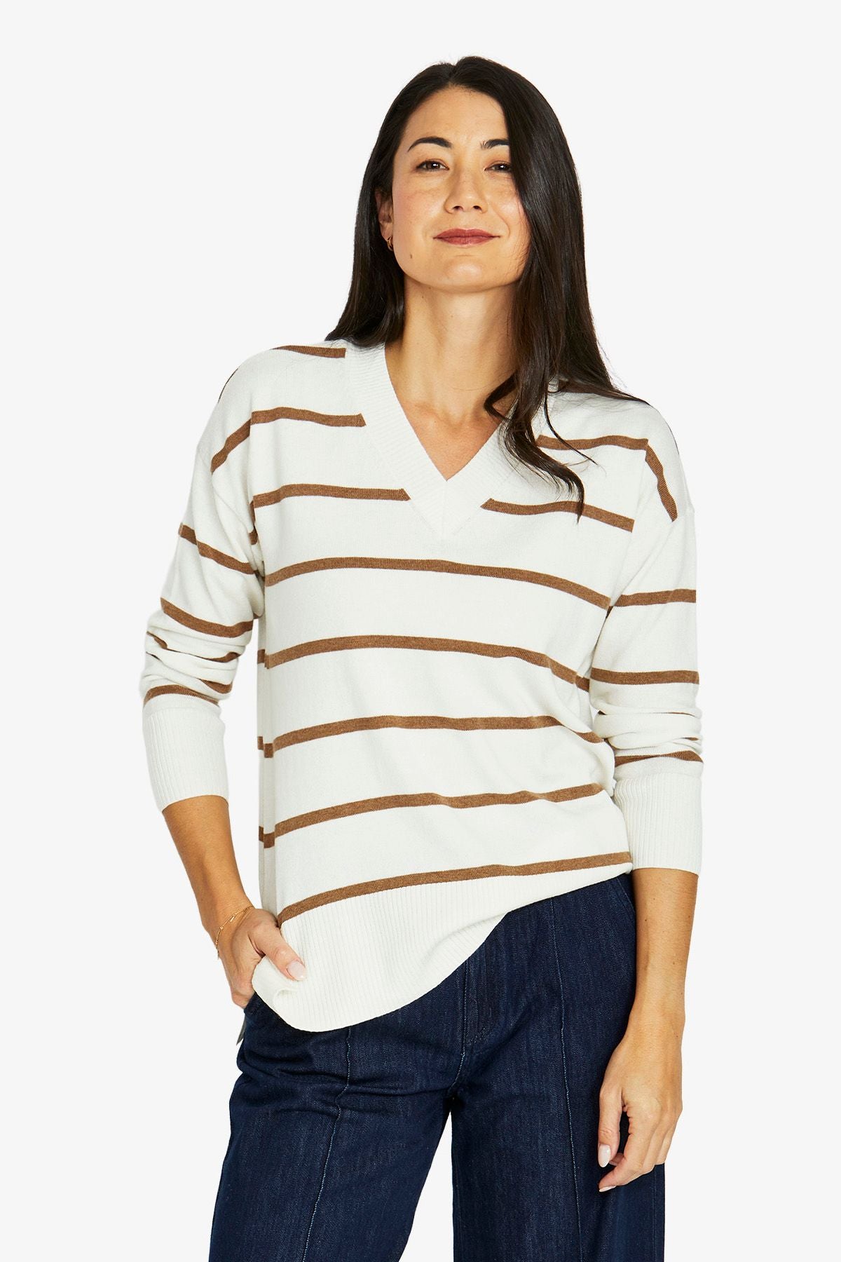 Womens Stripe V Neck Pullover White 60611052a