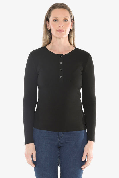 Stud Placket Rib Tee in Black