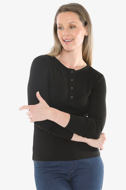 Stud Placket Rib Tee in Black