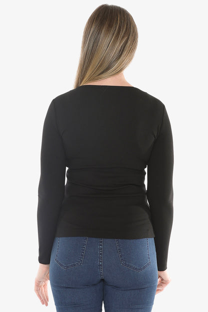 Stud Placket Rib Tee in Black