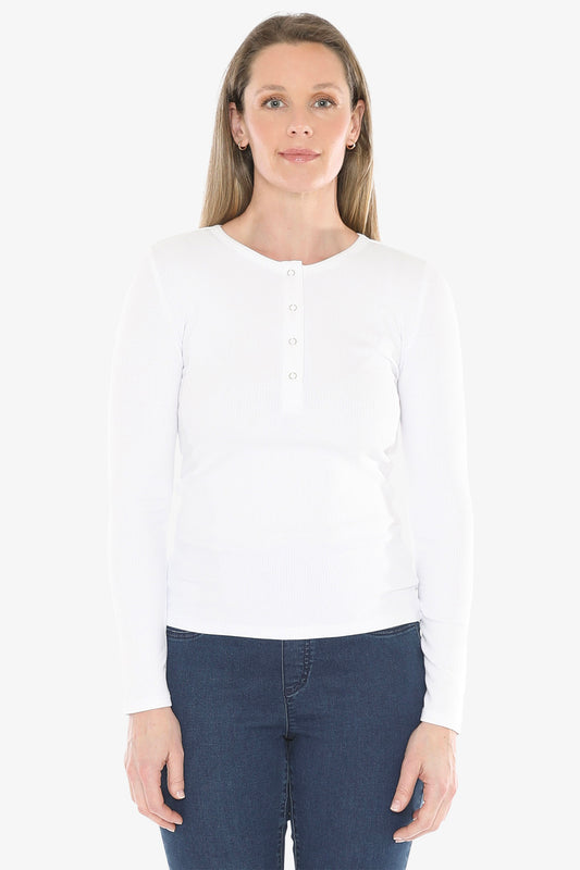 Stud Placket Rib Tee in White