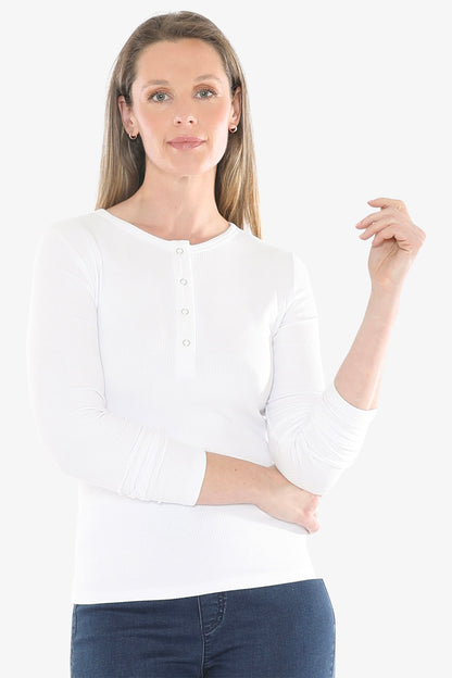 Stud Placket Rib Tee in White
