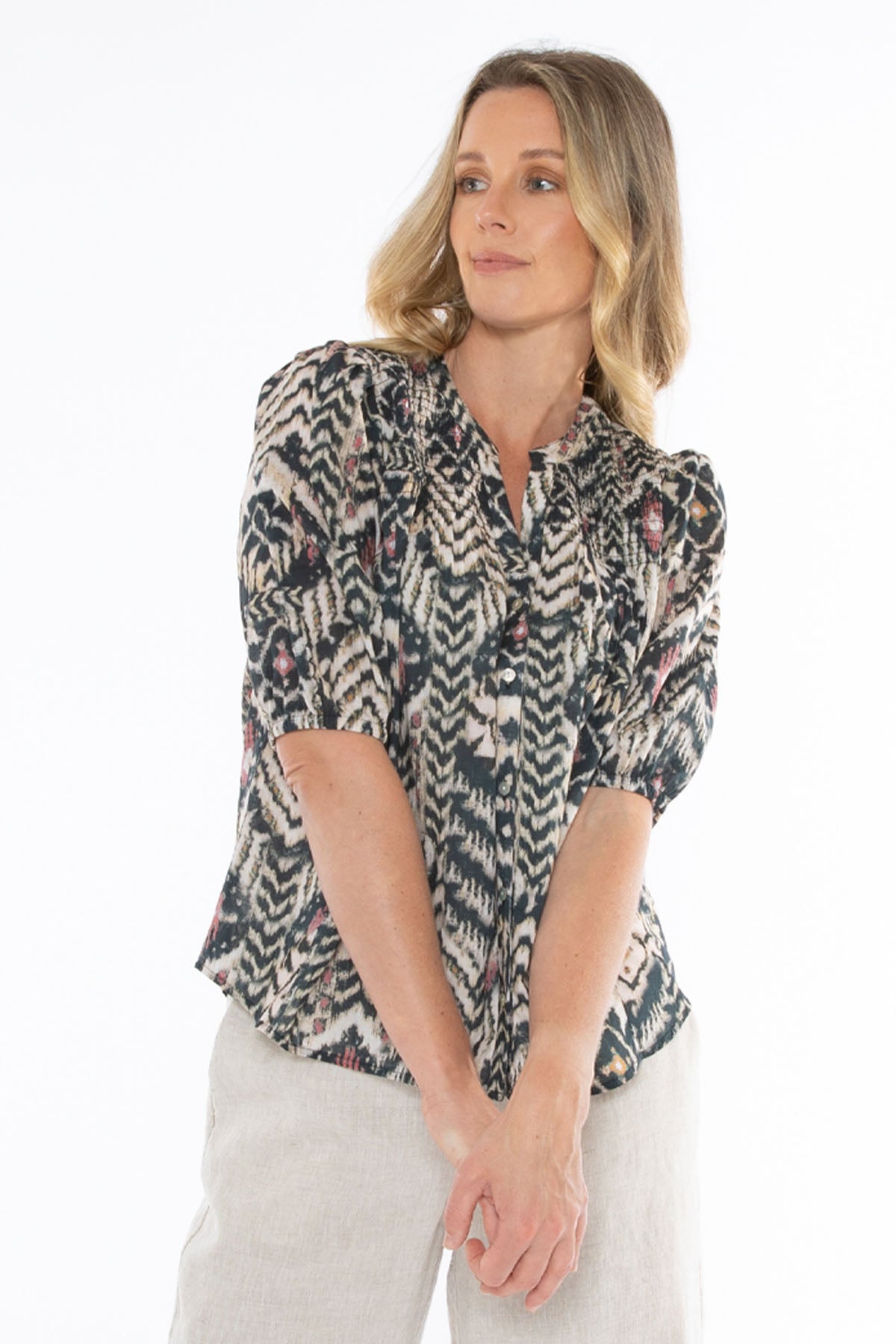 Women's Tribal Print Shirred Top in Multicolour