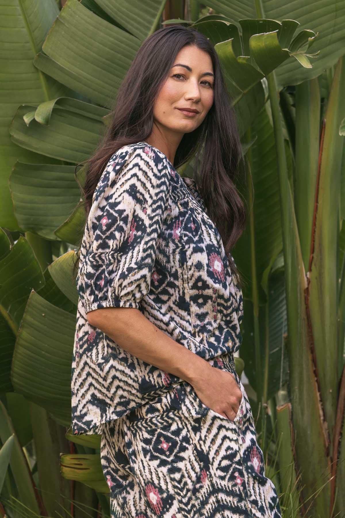 Women's Tribal Print Shirred Top in Multicolour