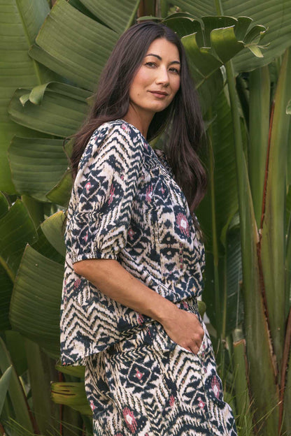 Women's Tribal Print Shirred Top in Multicolour