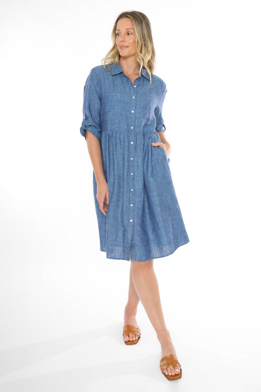 Women's Two Pocket Linen Dress in Blue