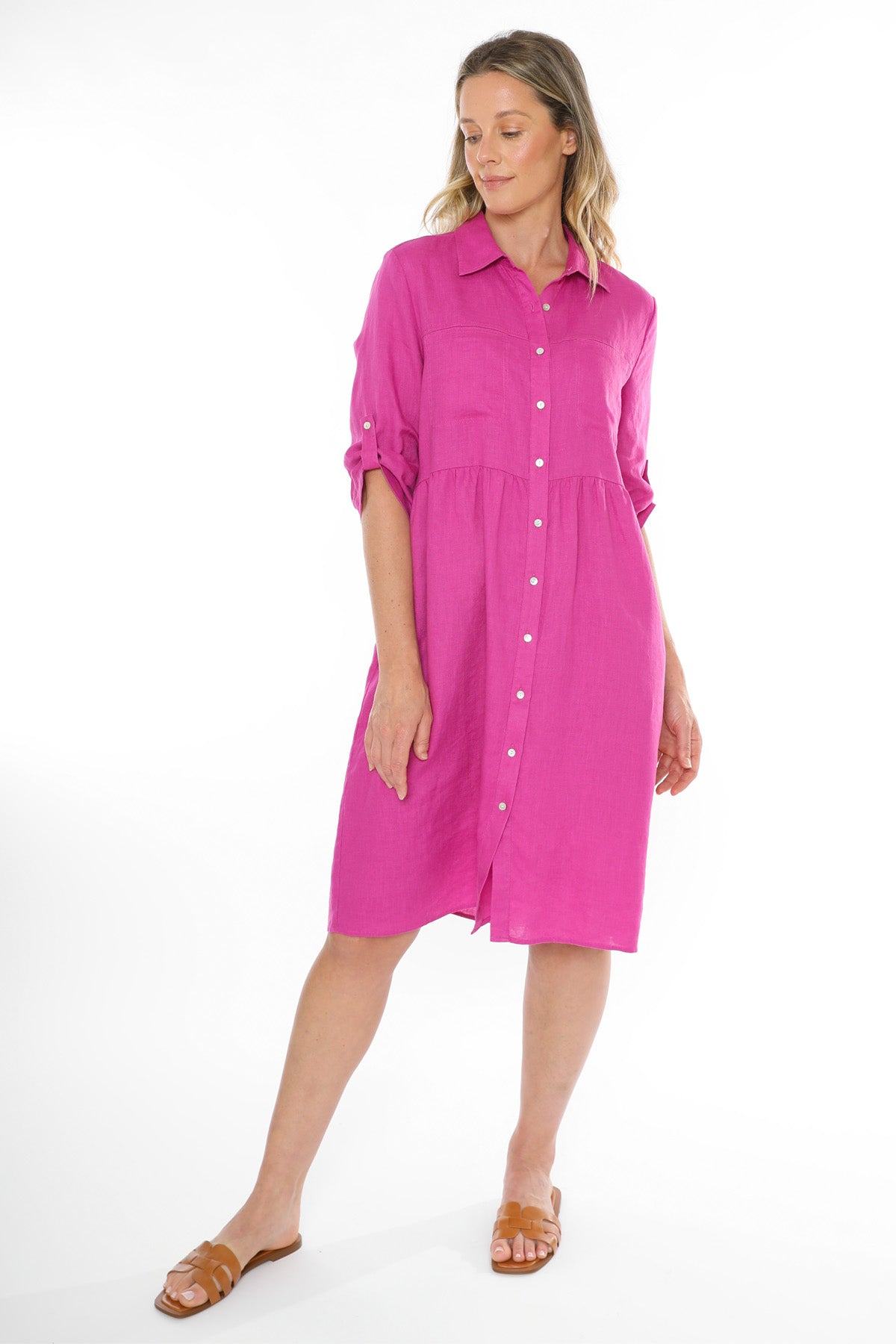 Women's Two Pocket Linen Dress in Pink