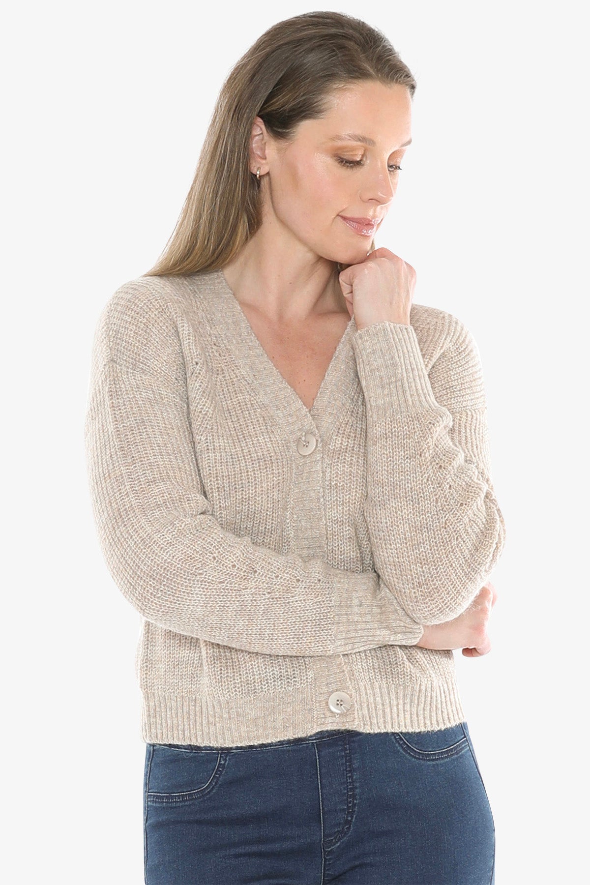 V Neck Cardigan in Oat
