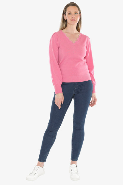 V Neck Pullover With Trim in Pink Marle