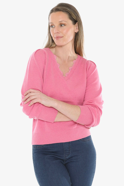 V Neck Pullover With Trim in Pink Marle