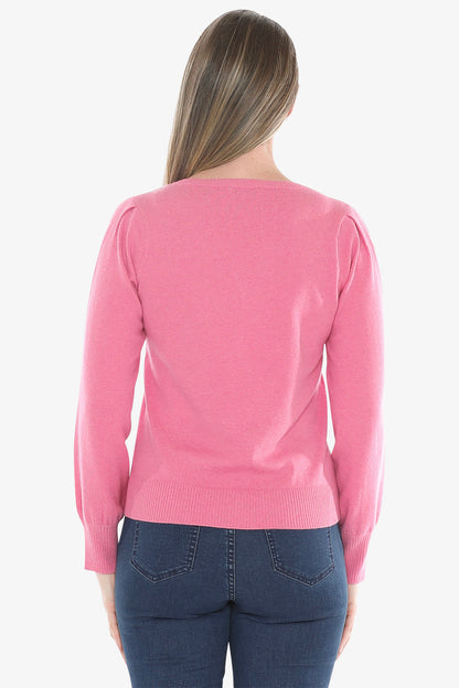V Neck Pullover With Trim in Pink Marle