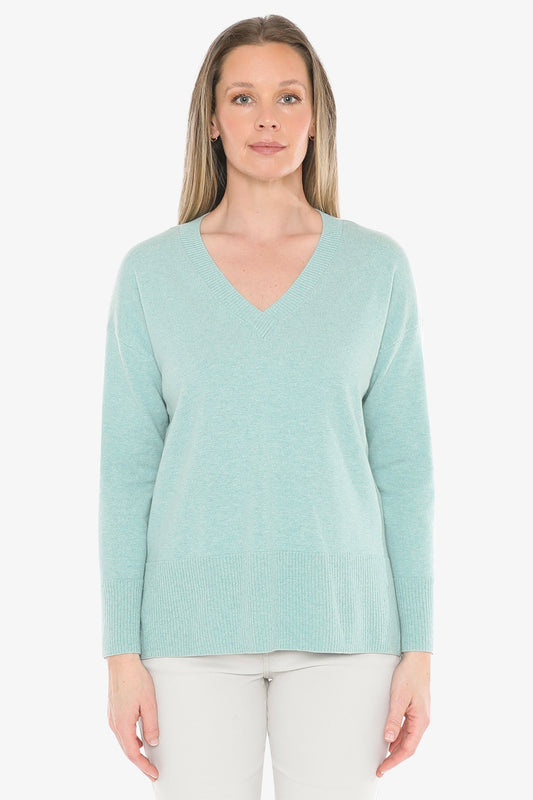 V-Neck Rib Detail Pullover in Seaglass Marle