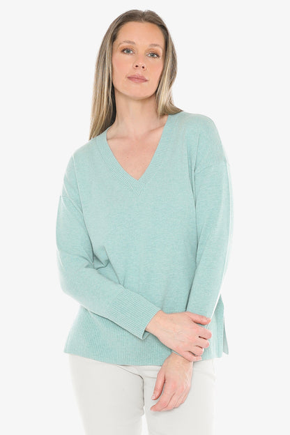 V-Neck Rib Detail Pullover in Seaglass Marle