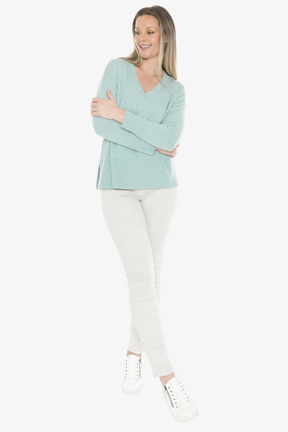 V-Neck Rib Detail Pullover in Seaglass Marle